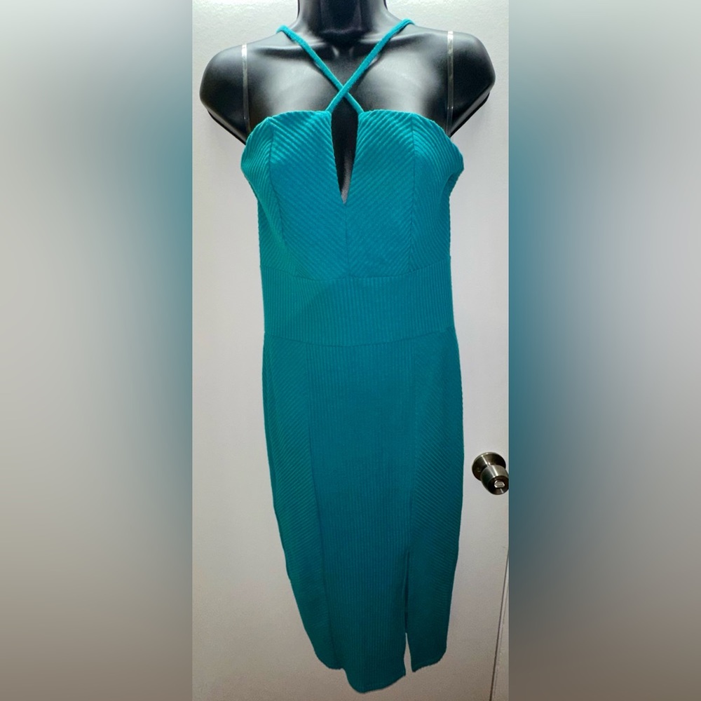 Bebe | Ribbed, Lined Turquoise Dress with Adjustable Straps, Sexy Slit Past Knee